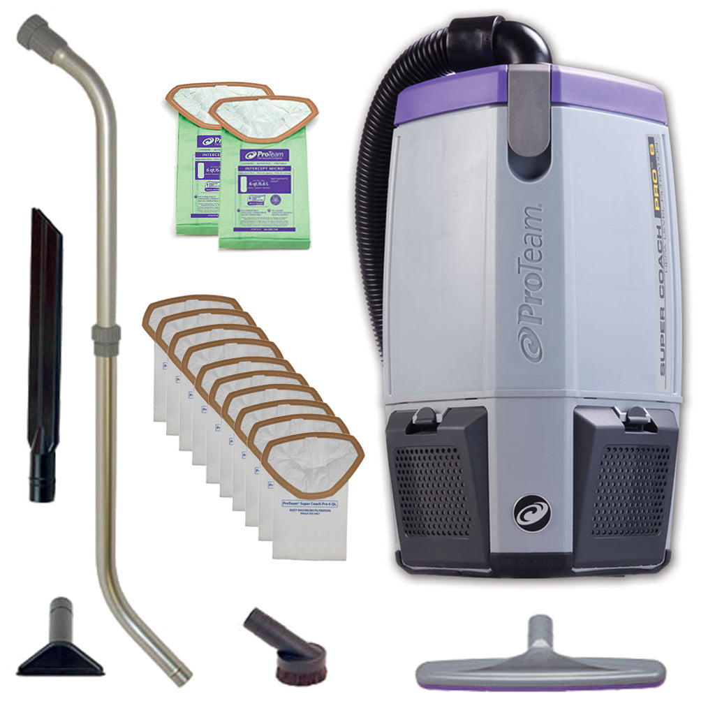 ProTeam Super Coach Pro 6 Backpack Vacuum w/ Telescoping Wand Kit & 12 Filter Bags