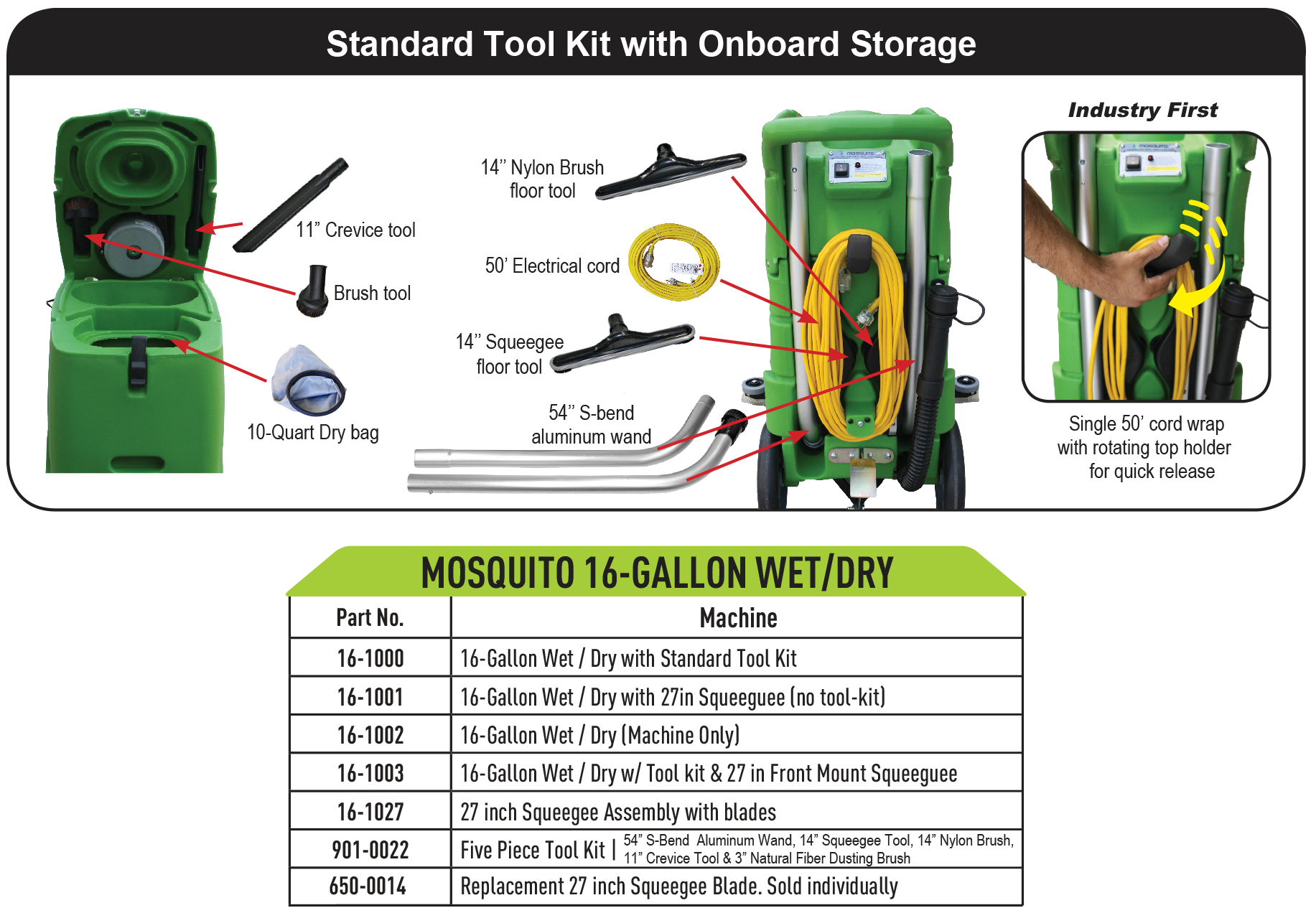 Mosquito, Wet Dry Vacuum, Shop Vac, 16 Gallon, 89" Waterlift, 1.5HP Motor, With or Without Tool Kit, With or Without Front Mount Squeegee, Recovery Tank Full Light Indicator