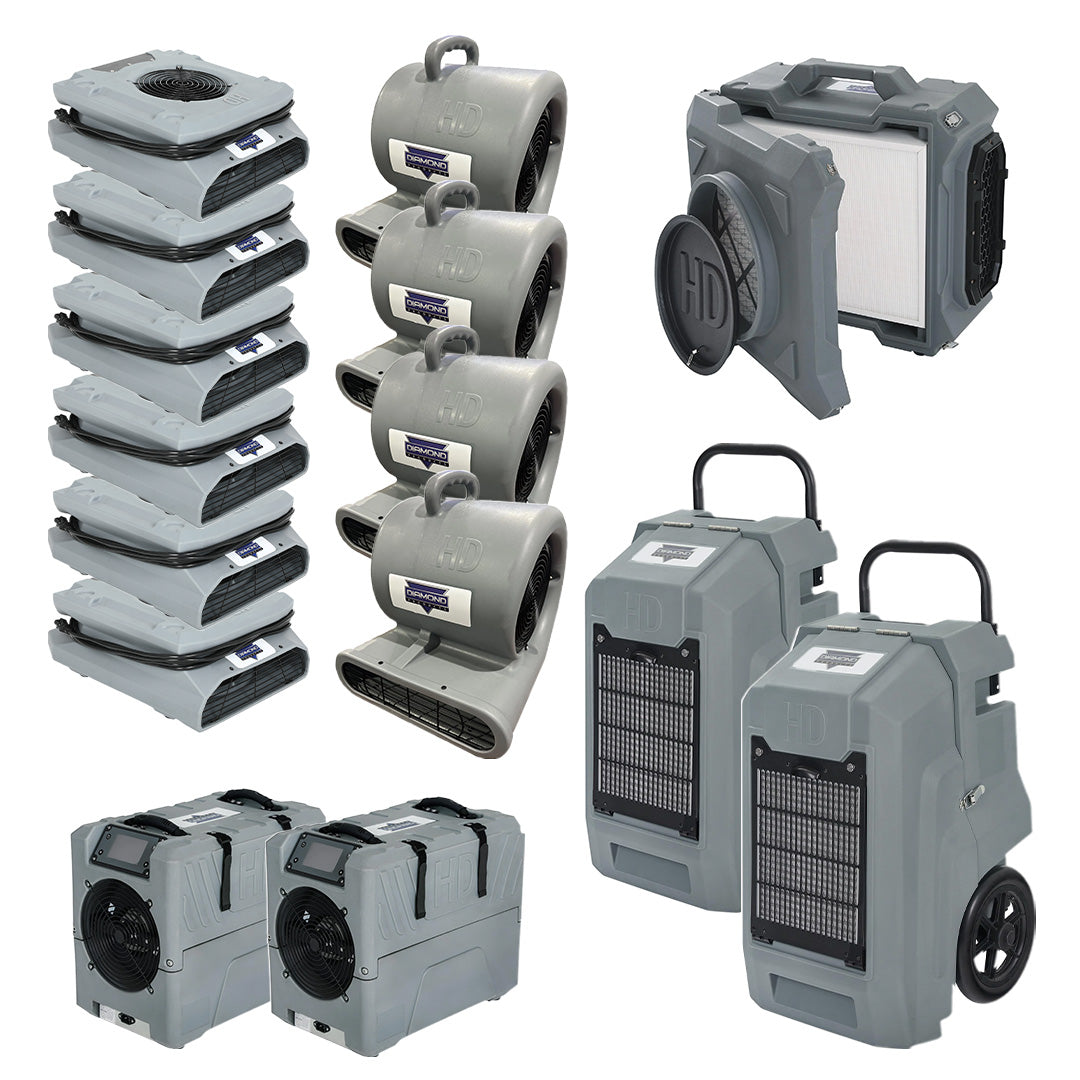 Diamond Products 15pc. Restoration Package - (2) LGR2500HD Dehumidifiers, (2) LGR2200HD Compact Dehumidifiers, (6) FF1500HD Low Profile Air Movers, (4) CF1800HD Centrifugal Air Movers, (1) AS800HD HEPA Air Scrubber