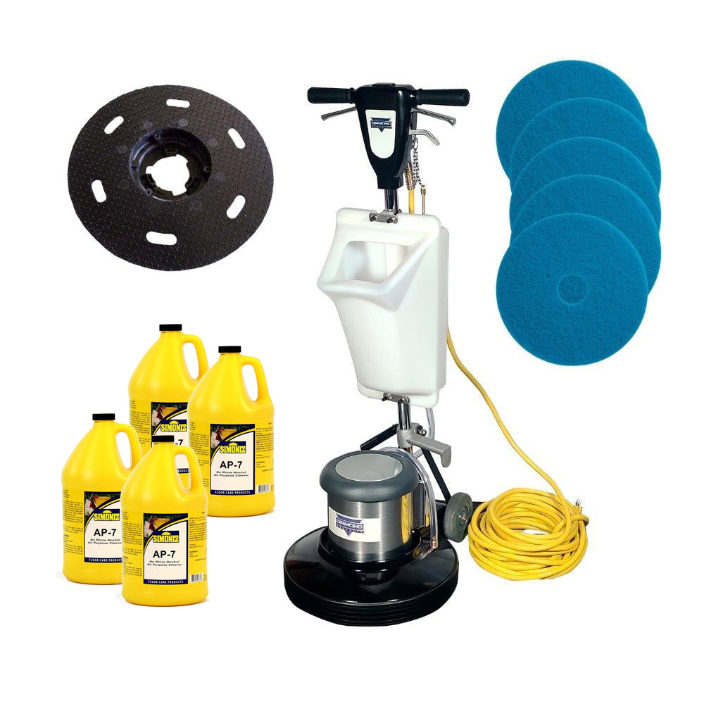 Diamond Products Icon F17&quot; Low-Speed Floor Buffer Kit w/ 5 Floor Pads, Pad Driver, Solution Tank &amp; Simoniz AP-7 Neutral Cleaner, 4 Gallons